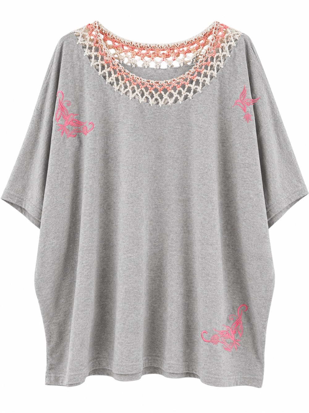 Crochet-Neck Gray Short Sleeve Tee with Pink Embroidery